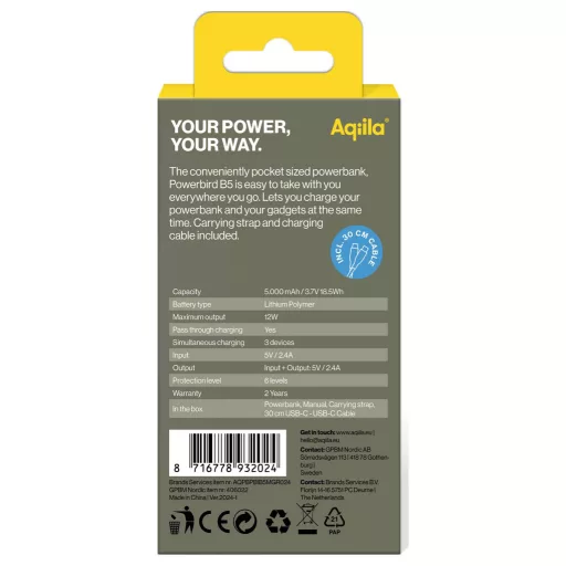 Aqiila Powerbird B5M Powerbank 5000 mAh LiPo USB-A, USB-C® Mohazöld