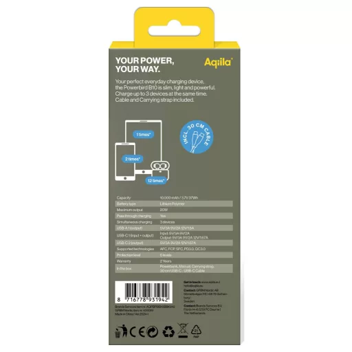 Aqiila Powerbird B10B Powerbank 10000 mAh LiPo USB-A, USB-C® Fekete