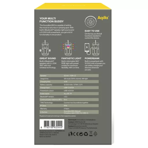 Aqiila AQPBB1BK444 Soundbird B10 LED Kemping lámpa Akkuról üzemeltetett 954 g Fekete