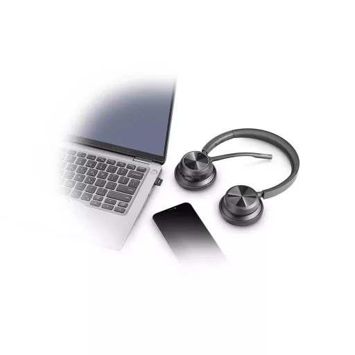 HP Poly Voyager 4320 UC Stereo On Ear headset Bluetooth® Stereo Fekete Noise Cancelling Hangerő szabályozás, Töltő- dokkoló állomással Számítógép