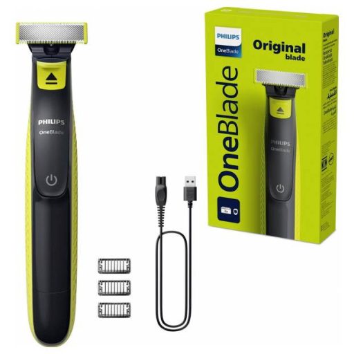 Philips OneBlade Szakállvágóó, Hajvágó, Tesztszőrzet nyíró, Precíziós trimmer, Borotva Lemosható, USB-s töltés funkció lime green, Szürke