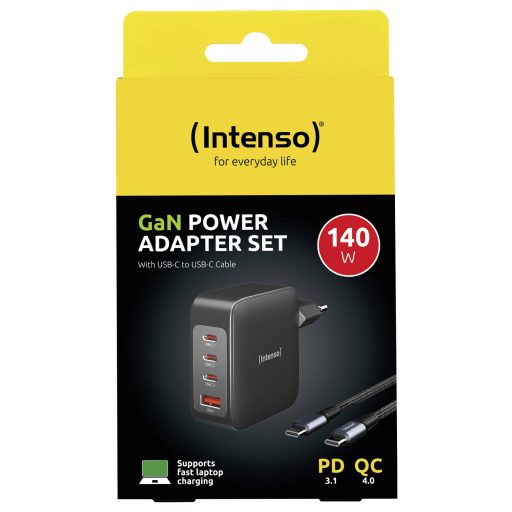 Intenso W140A3C + C520C black USB-s töltőkészülék 140 W 3x USB-C®, 1x USB-A QC 4+, USB PD 3.1, PPS Fekete Beltér GaN, USB Power Delivery (USB-PD)