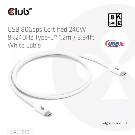 club3D USB C kábel USB4™ USB-C® dugó 1.20 m Fehér CAC-1572