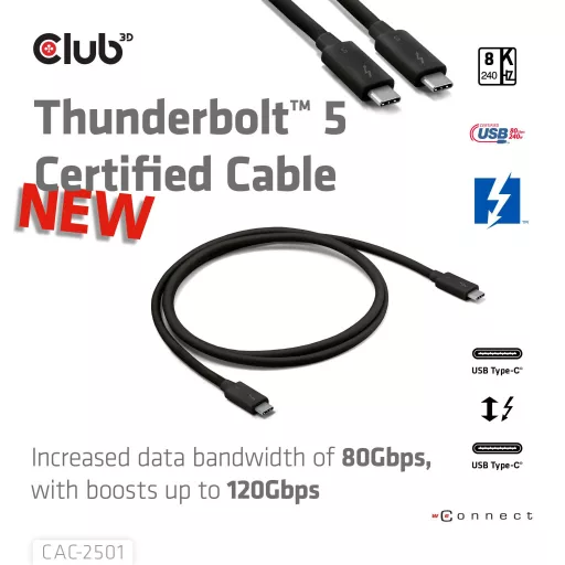 club3D Thunderbolt™ kábel Thunderbolt™ (USB-C®) dugó 1.00 m Fekete CAC-2501