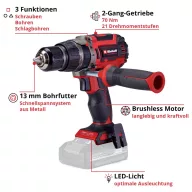   Einhell Professional Power X-Change TP-CD 18/70 Li-i BL - Solo 2 sebességfokozat-Akkus ütvefúró-csavarozó töltő nélkül, akku nélkül