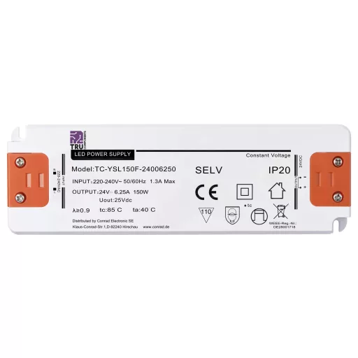 TRU COMPONENTS TC-YSL150F-24006250 LED transzformátor Állandó feszültségű 150 W 6.25 A 24 V/DC Bútorhoz alkalmas, Túlfeszültség kategória,, Gyúlékony