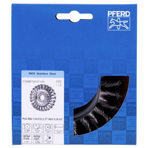 PFERD TOOLS PFERD POS COMBITWIST körkefe csavart RBG HD Ø 115x12x22,2 mm rozsdamentes acélhuzal Ø 0,35 mm sarokcsiszoló POS RBG 11512/22,2 CT INOX 0,35 HD