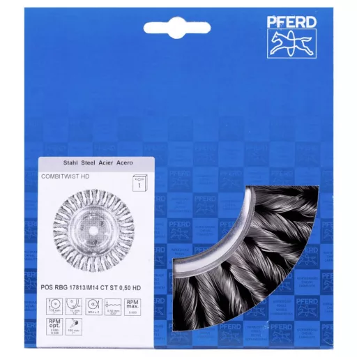 PFERD TOOLS PFERD POS COMBITWIST körkefe csavart RBG HD Ø 178x13 mm M14 acélhuzal Ø 0,50 mm sarokcsiszoló POS RBG 17813/M14 CT ST 0,50 HD 43317036 1 db
