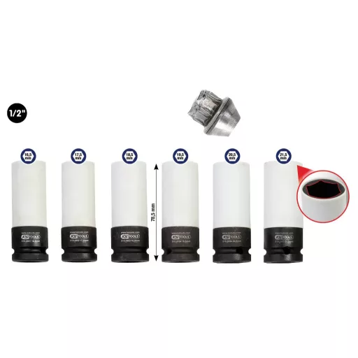 KS Tools 515.0850 1/2&quot -os speciális alumínium felni ütközőhüvely készlet, 6 részes