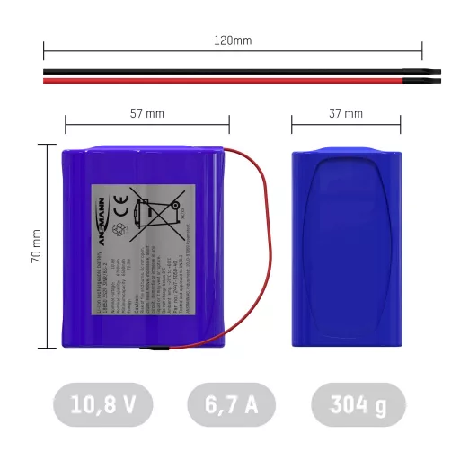 Ansmann 3S2P Akkupack 6x 18650 Kabel Li-Ion 10.8V 6700mAh Akkucsomag Cellaszám: 6 Lítiumion 10.8 V 6700 mAh