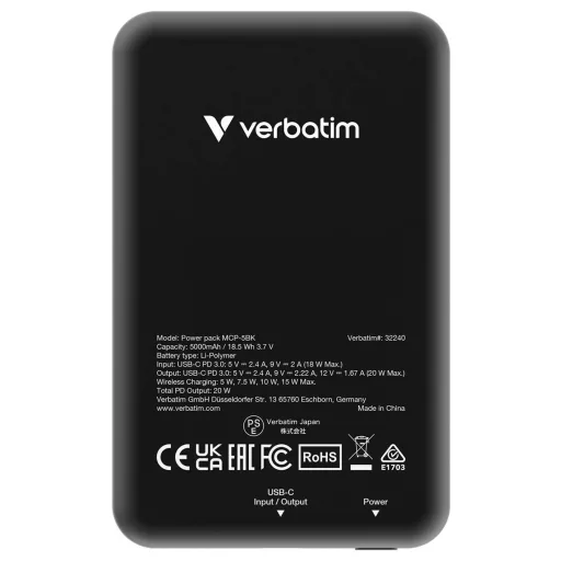 Verbatim Charge n Go Magnetic Wireless Powerbank 5000 mAh Fast Charge, Quick Charge 3.0, Power Delivery 3.0, Adaptive Fast Charge LiPo USB-C® Fekete