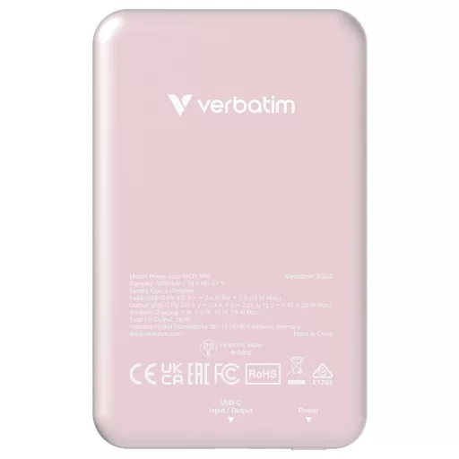 Verbatim Charge n Go Magnetic Wireless Powerbank 5000 mAh Fast Charge, Quick Charge 3.0, Power Delivery 3.0, Adaptive Fast Charge LiPo USB-C® Rózsaszín