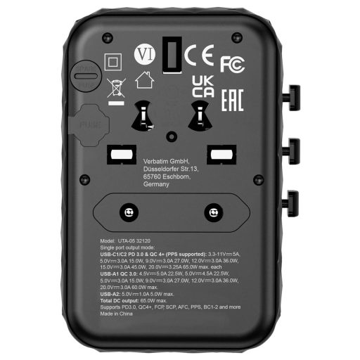 Verbatim UTA-05 GaN III USB-s töltőkészülék 65 W 2x USB-A, 2x USB-C® Power Delivery, Power Delivery 3.0, QC 4+, Fast Charge, SuperCharge, Adaptive Fast Charge,