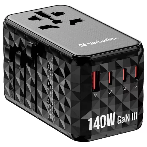 Verbatim UTA-10 GaN III Úti töltőadapter 140 W 1x USB-A, 3x USB-C® Power Delivery, USB PD 3.1, QC 3.0, QC 4+, PPS, Fast Charge, SuperCharge, Adaptive Fast