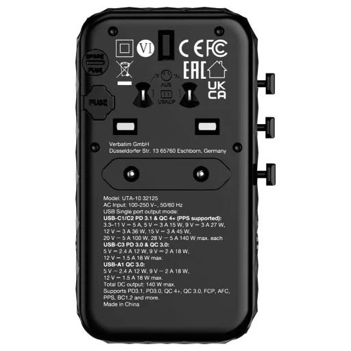 Verbatim UTA-10 GaN III Úti töltőadapter 140 W 1x USB-A, 3x USB-C® Power Delivery, USB PD 3.1, QC 3.0, QC 4+, PPS, Fast Charge, SuperCharge, Adaptive Fast