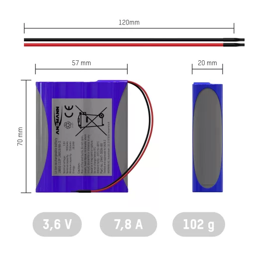 Ansmann 1S3P Akkupack 3x 18650 Kabel Li-Ion 3.6V 7800mAh Akkucsomag Cellaszám: 3 Lítiumion 3.6 V 7800 mAh