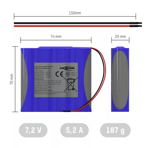 Ansmann 2S2P Akkupack 4x 18650 Kabel Li-Ion 7.2V 5200mAh Akkucsomag Cellaszám: 4 Lítiumion 7.2 V 5200 mAh