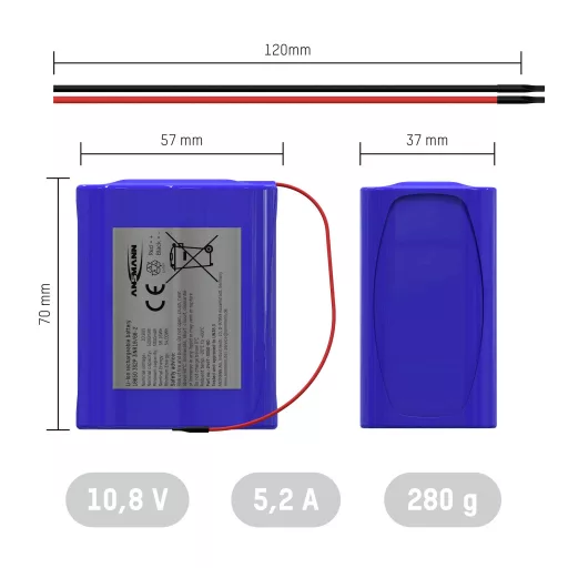 Ansmann 3S2P Akkupack 6x 18650 Kabel Li-Ion 10.8V 5200mAh Akkucsomag Cellaszám: 6 Lítiumion 10.8 V 5200 mAh