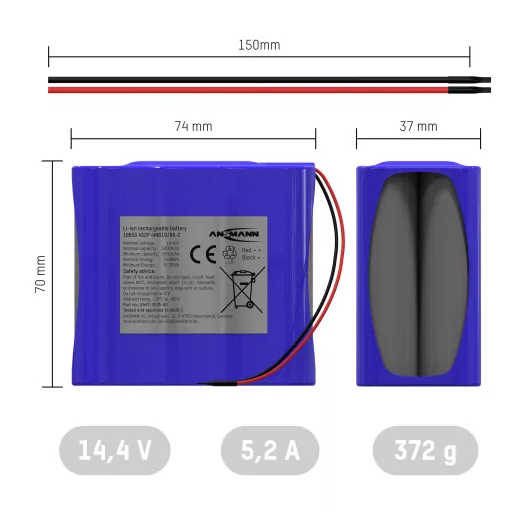 Ansmann 4S2P Akkupack 8x 18650 Kabel Li-Ion 14.4V 5200mAh Akkucsomag Cellaszám: 8 Lítiumion 14.54 V 5200 mAh