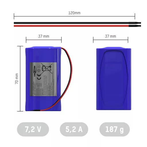 Ansmann 2S2P Akkupack 4x 18650 Kabel Li-Ion 7.2V 5200mAh Block Akkucsomag Cellaszám: 4 Lítiumion 5200 mAh