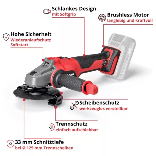 Einhell 4431140+4540011 Akkus sarokcsiszoló 125 mm akku nélkül, töltő nélkül, E-Case-zel 18 V