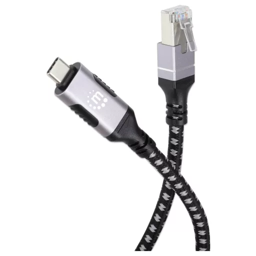 Manhattan USB kábel USB 3.2 Gen1 RJ45 dugó, USB-C® dugó 200 cm Fekete/ezüst Fólia árnyékolás, Anyag köpeny 394826