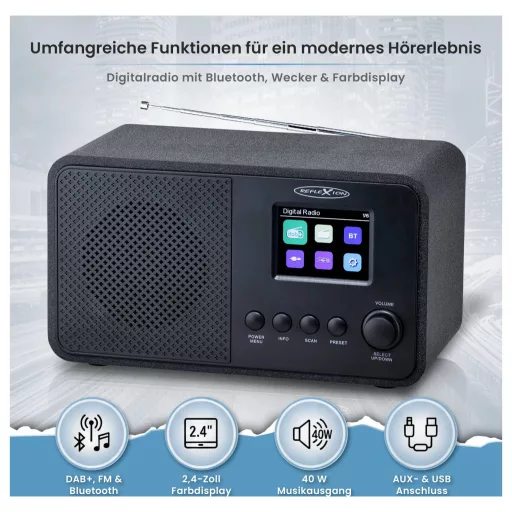 Reflexion Asztali rádió DAB+, URH AUX, Bluetooth®, URH, MP3 Fekete