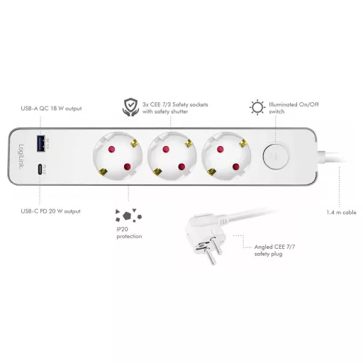 LogiLink LPS287U Elosztó kapcsolóval Fehér Védőérintkezős 1 db