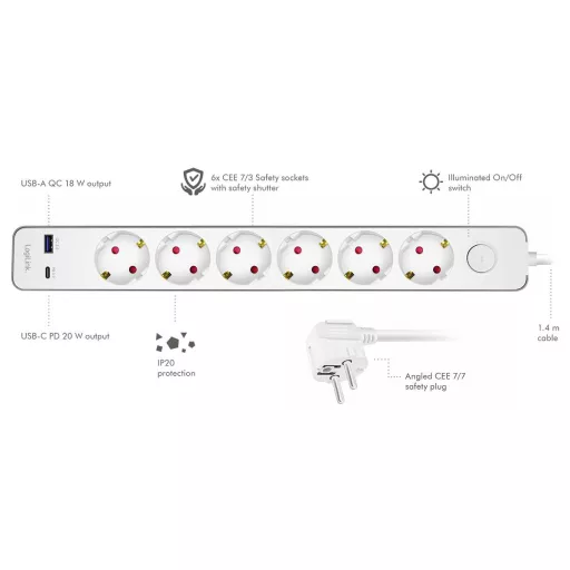 LogiLink LPS288U Elosztó kapcsolóval Fehér Védőérintkezős 1 db