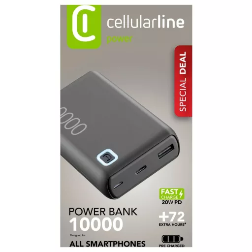 Cellularline CELLULARLINE - Power Bank ESSENCE Turbo 10000 Black - Batterie Powerbank 10000 mAh Lítiumion Mikro USB, USB-A, USB-C® Fekete