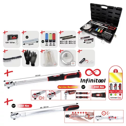 KS Tools 516.2450 MASTER kerékcsere-szervizkészlet 1/2&quot -os INFINITOOL racsnis nyomatékkulccsal, 20 – 200 Nm, 18 részes