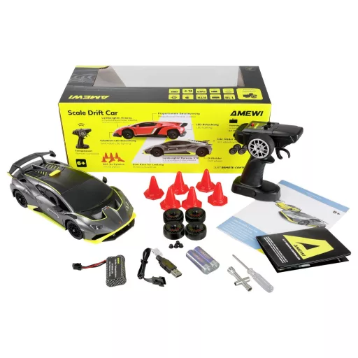 Amewi 1:18 RC modellautó Elektro Drift Lamborghini Huracan STO Drift Car Antracit Brushed 4WD RtR 2,4 GHz Akkuval és töltőkábellel, Elemekkel, Takarékos készlet