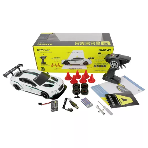 Amewi 1:18 RC modellautó Elektro Drift Bentley GT3 Continental Drift Car Fehér Brushed 4WD RtR 2,4 GHz Akkuval és töltőkábellel, Fényeffekttel
