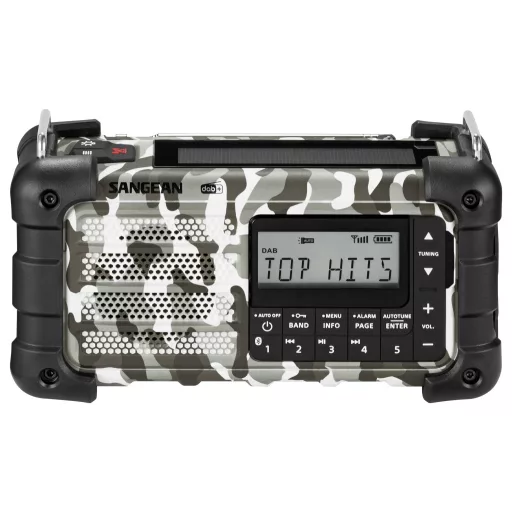 Sangean MMR-99 DAB+ Camo Vészhelyzeti rádió DAB+, URH AUX, USB, Bluetooth® Napelem, Kézi kurbli, Akkutöltő funkció Arctic Camo