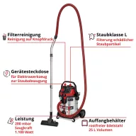   Einhell TE-VC 2580 SACL 2347435 Nedves-/száraz porszívó 25 l Akku nélkül, töltő nélkül, L minőséítésű porszívó osztály