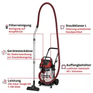   Einhell TE-VC 3080 SACL 2347440 Nedves-/száraz porszívó 30 l L minőséítésű porszívó osztály
