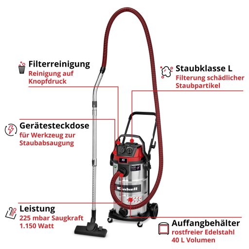 Einhell TE-VC 4090 SACL 2347445 Nedves-/száraz porszívó 40 l L minőséítésű porszívó osztály