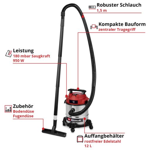 Einhell TC-VC 1240 S 2347400 Nedves-/száraz porszívó 12 l