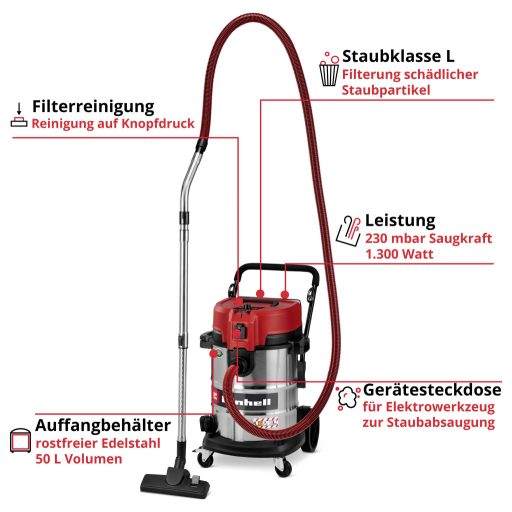 Einhell TE-VC 5090 SACL 2347450 Nedves-/száraz porszívó 50 l L minőséítésű porszívó osztály