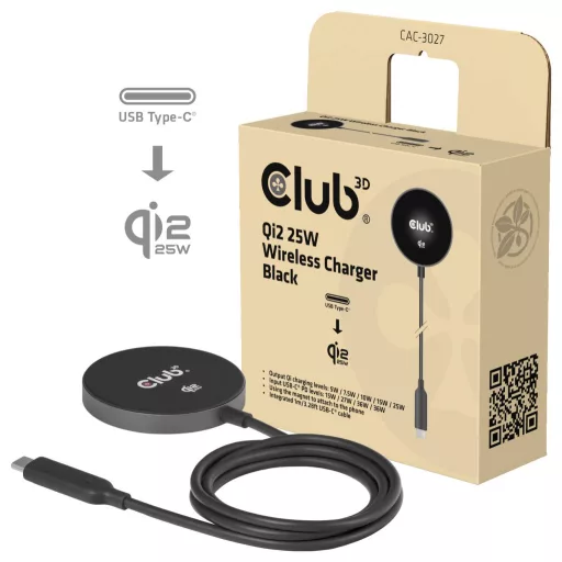 club3D indukciós akkutöltő 25 W Qi2 USB-C 25Wa CAC-3027 Kimenetek Standard indukciós töltés Fekete