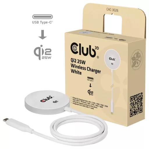 club3D indukciós akkutöltő Qi2 USB-C 25Wa CAC-3026 Kimenetek Standard indukciós töltés Fehér