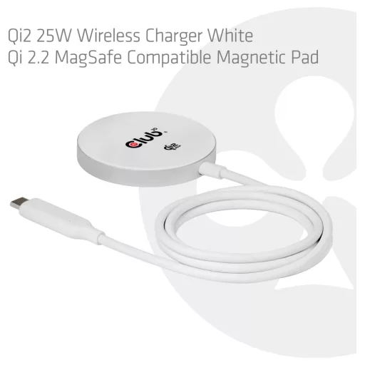 club3D indukciós akkutöltő Qi2 USB-C 25Wa CAC-3026 Kimenetek Standard indukciós töltés Fehér