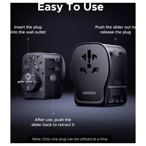 UGREEN UGREEN S550 65W Universal Travel Adapter Úti töltőadapter 65 W Fekete, Szürke