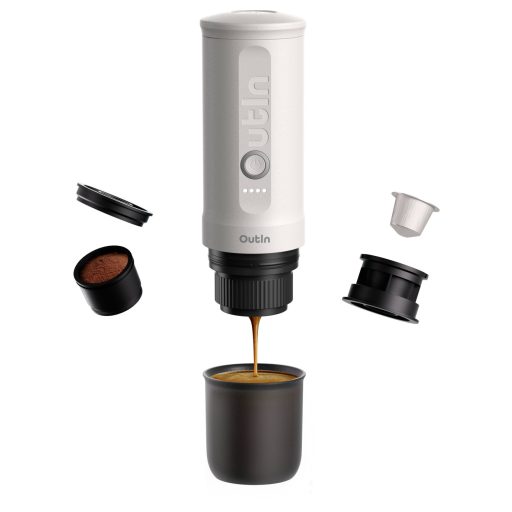 OutIn OTEM-01-PW Eszpresszó kávéfőző Gyöngyfehér hordozható, Gőznyomásos technológiával, lítiumion akkuval