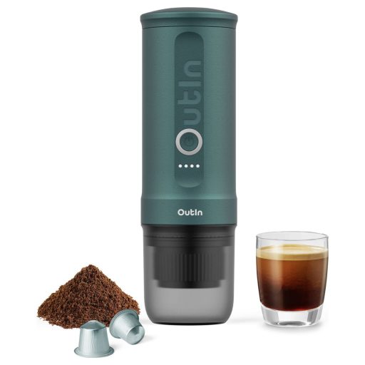 OutIn OTEM-01-Teal Eszpresszó kávéfőző Fekete, Türkiz hordozható, Gőznyomásos technológiával, lítiumion akkuval