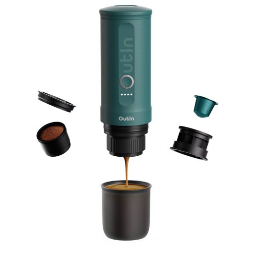 OutIn OTEM-01-Teal Eszpresszó kávéfőző Fekete, Türkiz hordozható, Gőznyomásos technológiával, lítiumion akkuval