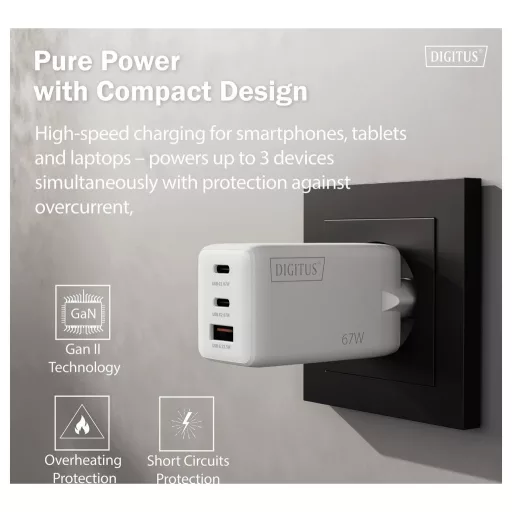 Digitus DA-10303 USB-s töltőkészülék 67 W 1x USB-A, 2x USB-C® Fehér