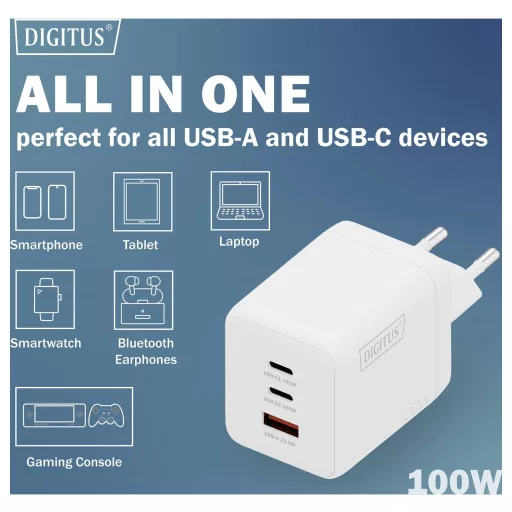 Digitus DA-10304 USB-s töltőkészülék 100 W 1x USB-A, 2x USB-C® Fehér
