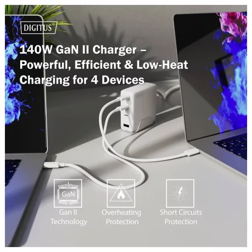 Digitus DA-10305 USB-s töltőkészülék 140 W 1x USB-A, 3x USB-C® Fehér