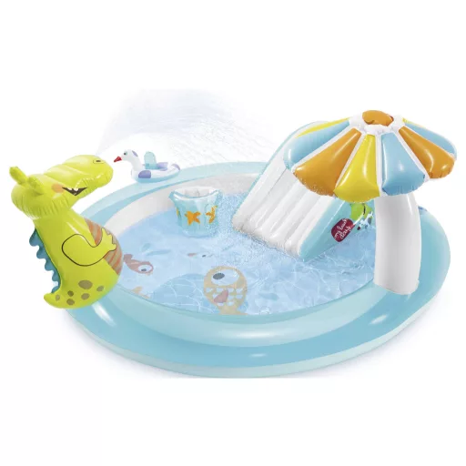 Az Intex „Gator Play Center” a kertet egy frissítő játékoázissá varázsolja csúszdával, vízpermet funkcióval és játékokkal.